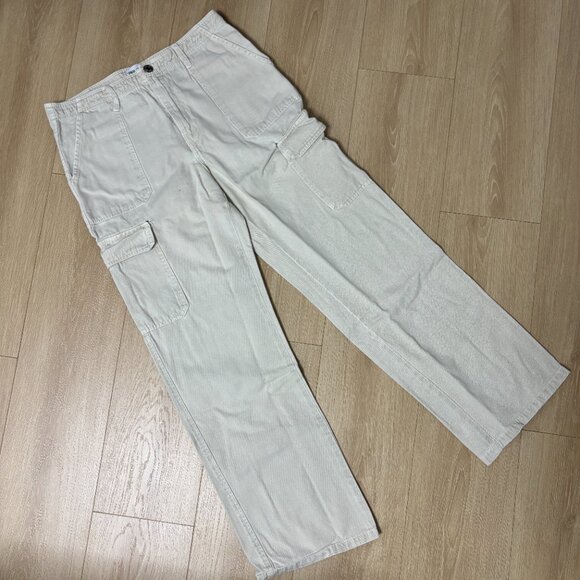 Zara Wide Leg Beige Cream Cargo Pant Loose Fit Low Rise Size 10 - Picture 2 of 5